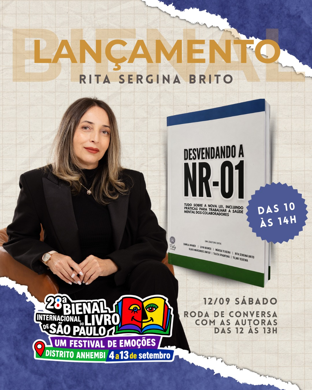 Cartaz do lançamento do livro Desvendando a NR-01 com Rita Sergina Brito